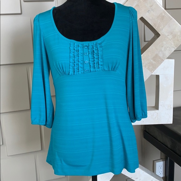 Wrapper top blue 3/4 short sleeve round neck ruffle bodice Size XL - Picture 2 of 6